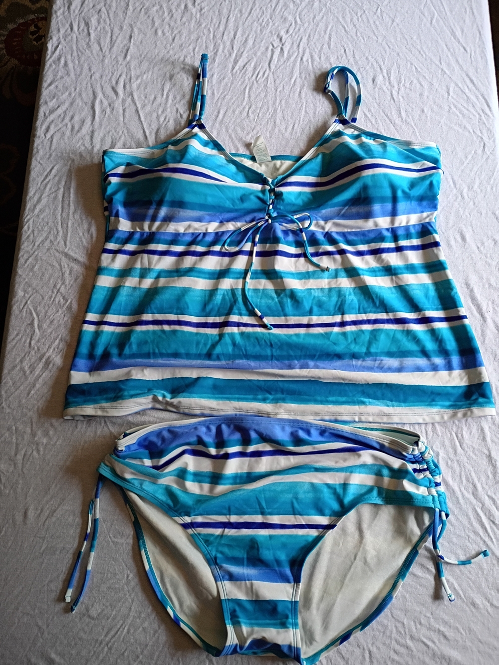 2X Striped Blue Tankini Set - Aqua & Navy
